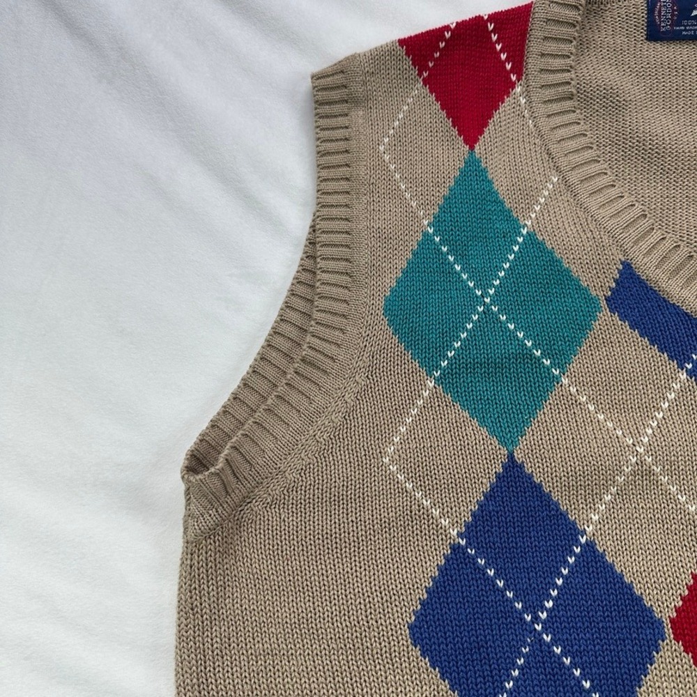 Wakefield Co Kenneth Gordon Mens L Argyle V Neck Sweater Vest Tan Brown Vintage - Picture 4 of 16